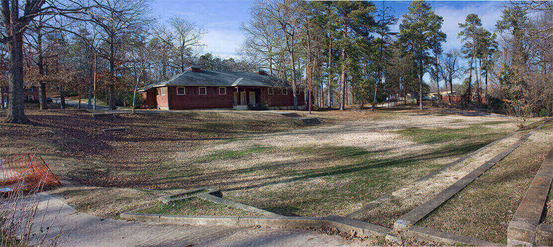 Boarded-up bathhouse